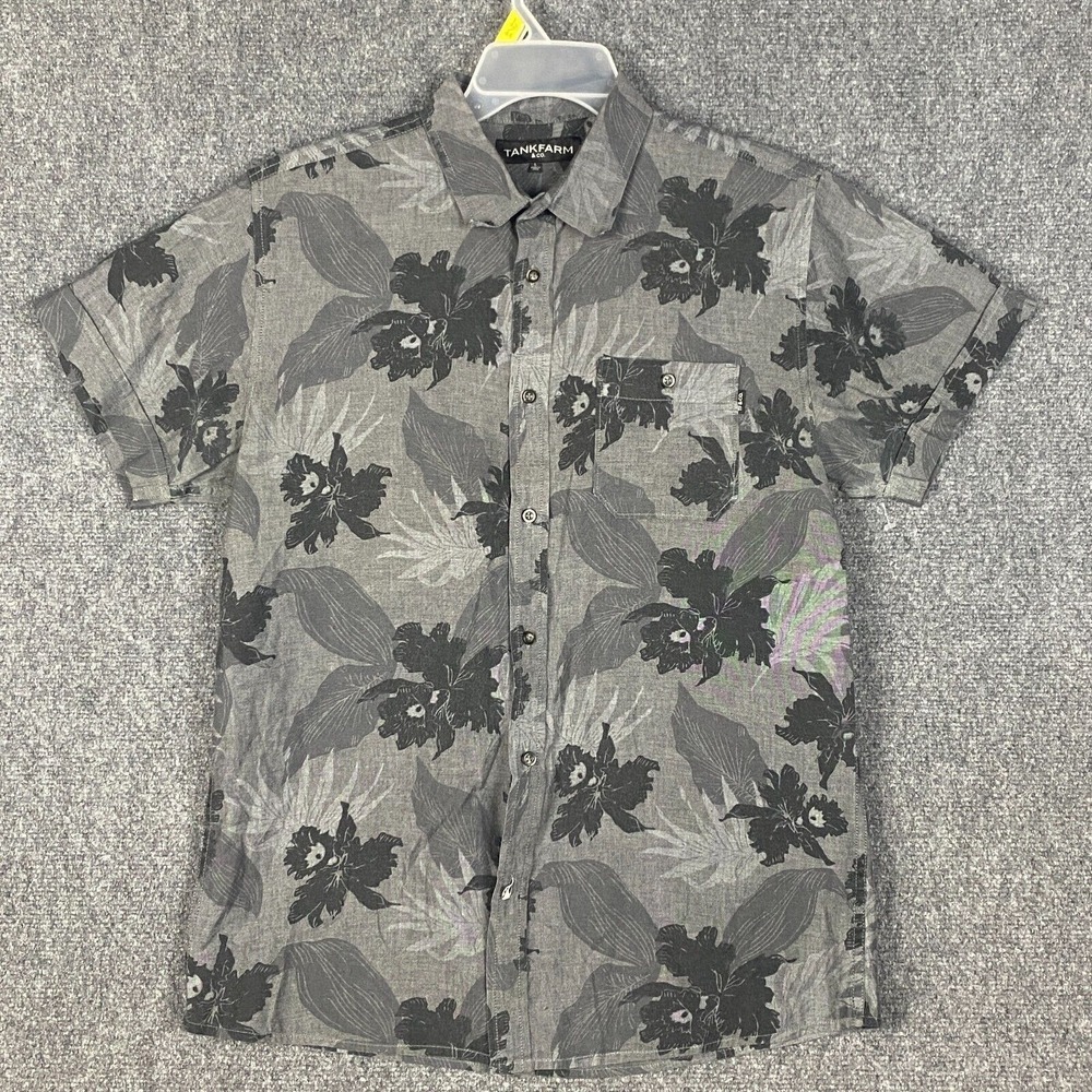 Tankfarm Button Up Shirt Men's Large Hawaiian Gray 100% Cotton Adults L